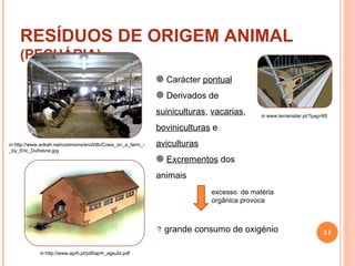RESÍDUOS DE ORIGEM ANIMAL  (PECUÁRIA) in  www.terramater.pt/?pag=65 in  http://www.aprh.pt/pdf/aprh_agsubt.pdf in  http://www.arikah.net/commons/en/d/db/Cows_on_a_farm_-_by_Eric_Dufresne.jpg Carácter  pontual Derivados de  suiniculturas ,  vacarias ,  boviniculturas  e  aviculturas Excrementos  dos animais excesso  de matéria orgânica provoca grande consumo de oxigénio 
