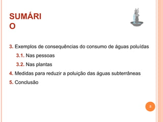 SUMÁRIO 3.  Exemplos de consequências do consumo de águas poluídas 3.1.  Nas pessoas 3.2.  Nas plantas 4.  Medidas para reduzir a poluição das águas subterrâneas 5.  Conclusão 