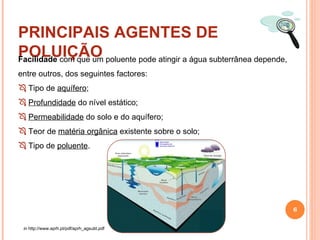 PRINCIPAIS AGENTES DE POLUIÇÃO Facilidade  com que um poluente pode atingir a água subterrânea depende, entre outros, dos seguintes factores: Tipo de  aquífero ; Profundidade  do nível estático; Permeabilidade  do solo e do aquífero; Teor de  matéria orgânica  existente sobre o solo; Tipo de  poluente . in  http://www.aprh.pt/pdf/aprh_agsubt.pdf 