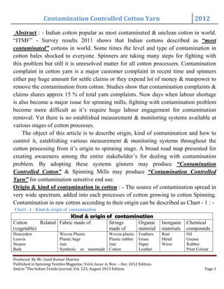 Contamination Controlled Cotton Yarn 2012
Produced By Mr. Sunil Kumar Sharma
Published in Spinning Textiles Magazine, Vol.6, Issue .6, Nov. – Dec. 2012 Edition.
And in “The Indian Textile Journal, Vol. 123, August 2013 Edition Page 1
Abstract : - Indian cotton popular as most contaminated & unclean cotton in world.
“ITMF” - Survey results 2011 shows that Indian cottons described as “most
contaminated” cottons in world. Some times the level and type of contamination in
cotton bales shocked to everyone. Spinners are taking many steps for fighting with
this problem but still it is unresolved matter for all cotton processers. Contamination
complaint in cotton yarn is a major customer complaint in recent time and spinners
either pay huge amount for settle claims or they expend lot of money & manpower to
remove the contamination from cotton. Studies show that contamination complaints &
claims shares approx 15 % of total yarn complaints. Now days when labour shortage
is also become a major issue for spinning mills, fighting with contamination problem
become more difficult as it’s require huge labour engagement for contamination
removal. Yet there is no established measurement & monitoring systems available at
various stages of cotton processes.
The object of this article is to describe origin, kind of contamination and how to
control it, establishing various measurement & monitoring systems throughout the
cotton processing from it’s origin to spinning stage. A broad road map presented for
creating awareness among the entire stakeholder’s for dealing with contamination
problem. By adopting these systems ginners may produce “Contamination
Controlled Cotton” & Spinning Mills may produce “Contamination Controlled
Yarn” for contamination sensitive end use.
Origin & kind of contamination in cotton : - The source of contamination spread in
very wide spectrum, added into each processes of cotton growing to cotton Spinning.
Contamination in raw cotton according to their origin can be described as Chart - 1 : -
Chart - 1 : Kind & origin of contamination
Kind & origin of contamination
Cotton Related
(vegetable)
Fabric made of Strings
made of
Organic
material
Inorganic
materials
Chemical
compounds
Honeydew
Leaves
Steams
Bark
Woven Plastic
Plastic bags
Jute
Synthetic or manmade
Woven plastic
Plastic rubber
Jute
Cotton
Feathers
Grass
Paper
Leather
Rust
Metal
Wires
Oil
Grease
Rubber
Print Colour
 