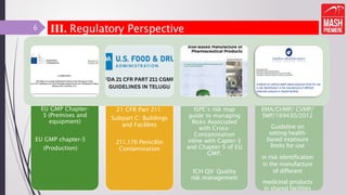 III. Regulatory Perspective
EU GMP Chapter-
3 (Premises and
equipment)
EU GMP chapter-5
(Production)
21 CFR Part 211:
Subpart C: Buildings
and Facilities
211.176 Penicillin
Contamination
ISPE’s risk map
guide to managing
Risks Associated
with Cross-
Contamination
inline with Capter-3
and Chapter-5 of EU
GMP.
ICH Q9: Quality
risk management
6
EMA/CHMP/ CVMP/
SWP/169430/2012
Guideline on
setting health-
based exposure
limits for use
in risk identification
in the manufacture
of different
medicinal products
in shared facilities
 