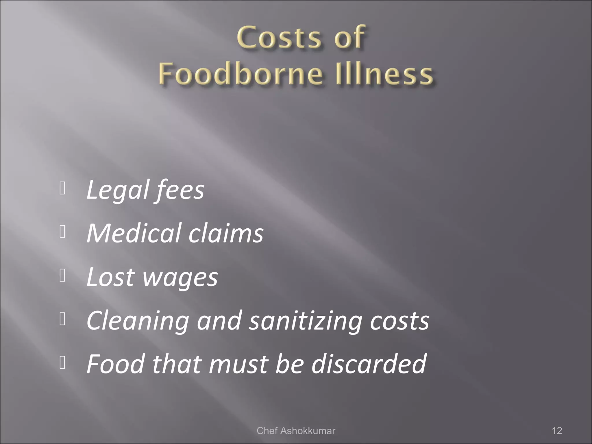  Legal fees
 Medical claims
 Lost wages
 Cleaning and sanitizing costs
 Food that must be discarded
12Chef Ashokkumar
 