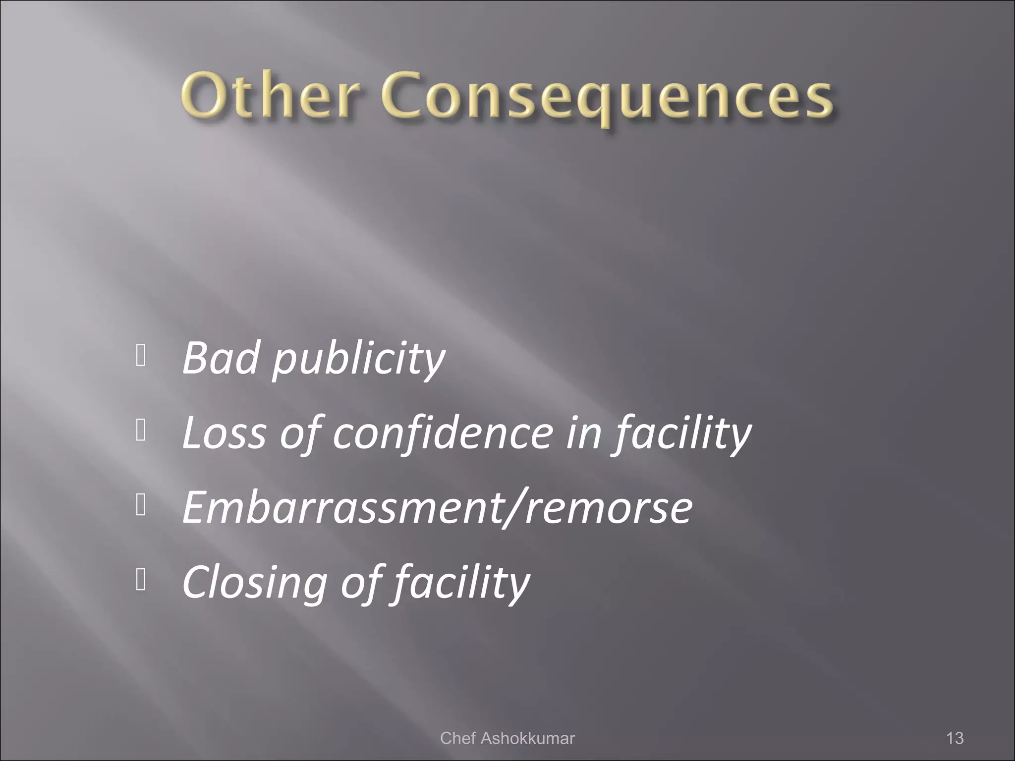  Bad publicity
 Loss of confidence in facility
 Embarrassment/remorse
 Closing of facility
13Chef Ashokkumar
 