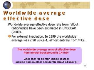 Worldwide average effective dose Worldwide average effective dose rate from fallout radionuclide have been estimated in UNSCEAR (2000). For external irradiation, In 1999 the worldwide average was 2.90 uSv.a-1, almost entirely from  137 Cs. The worldwide average annual effective dose  from natural background is 2.4 mSv,   while that for all man - made sources  include from nuclear accidentis about 0.8 mSv  [ 1 ] 