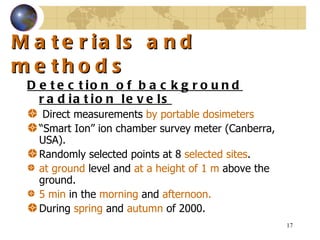Materials and methods  Detection of background radiation levels Direct measurements  by portable dosimeters   “ Smart Ion” ion chamber survey meter  ( Canberra, USA ) .   Randomly selected points at 8  selected sites .  at ground  level and  at a height of 1 m  above the ground.  5  min  in the  morning  and  afternoon . D uring  spring  and  autumn  of  2000.   