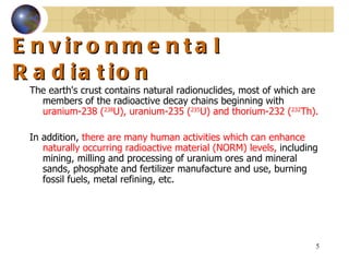 Environmental Radiation The earth's crust contains natural radionuclides, most of which are members of the radioactive decay chains beginning with  uranium-238  ( 238 U ) , uranium-235  ( 235 U )  and thorium-232  ( 232 Th ).  In addition,  there are many human activities which can enhance naturally occurring radioactive material  ( NORM )  levels,  including mining, milling and processing of uranium ores and mineral sands, phosphate and fertilizer manufacture and use, burning fossil fuels, metal refining, etc .  