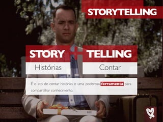 STORYTELLING
STORY
Histórias
TELLING
Contar
É o ato de contar histórias e uma poderosa ferramenta para
compartilhar conhecimento.
 