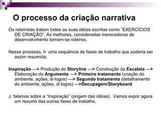 O processo da criação narrativa Os roteiristas tratam todos as suas idéias escritas como “EXERCÍCIOS DE CRIAÇÃO”. As melhores, consideradas merecedoras de desenvolvimento tornam-se roteiros. Nesse processo, há uma sequência de fases de trabalho que poderia ser assim resumida:  Inspiração   — >  Produção do  Storyline  — >  Construção da  Escaleta  — >  Elaboração do  Argumento  — > Primeiro tratamento  (criação do ambiente, ações, diálogos)  — > Segundo tratamento  (detalhamento do ambiente, ações, diálogos)  — >Decupagem/Storyboard Já falamos sobre a “Inspiração” (origem das idéias).  Vamos expor agora  um resumo das outras fases de trabalho. 