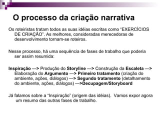O processo da criação narrativa Os roteiristas tratam todos as suas idéias escritas como “EXERCÍCIOS DE CRIAÇÃO”. As melhores, consideradas merecedoras de desenvolvimento tornam-se roteiros. Nesse processo, há uma sequência de fases de trabalho que poderia ser assim resumida:  Inspiração   — >  Produção do  Storyline  — >  Construção da  Escaleta  — >  Elaboração do  Argumento  — > Primeiro tratamento  (criação do ambiente, ações, diálogos)  — > Segundo tratamento  (detalhamento do ambiente, ações, diálogos)  — >Decupagem/Storyboard Já falamos sobre a “Inspiração” (origem das idéias).  Vamos expor agora  um resumo das outras fases de trabalho. 