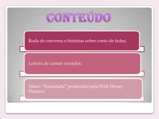 Roda de conversa e histórias sobre conto de fadas;

Leitura de contos variados;

Filme: “Encantada” produzido pela Walt Disney
Pictures.

 