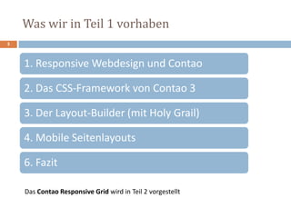 Was wir in Teil 1 vorhaben
3
1. Responsive Webdesign und Contao
2. Das CSS-Framework von Contao 3
3. Der Layout-Builder (mit Holy Grail)
4. Mobile Seitenlayouts
6. Fazit
Das Contao Responsive Grid wird in Teil 2 vorgestellt
 