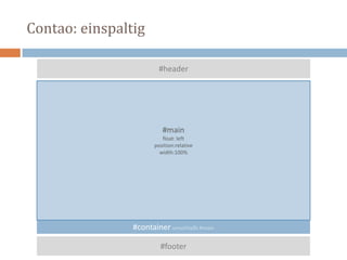 Contao: einspaltig
#container umschließt #main
#footer
#header
#main
float: left
position:relative
width:100%
 
