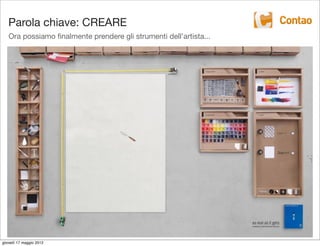 Parola chiave: CREARE
   Ora possiamo ﬁnalmente prendere gli strumenti dell’artista...




giovedì 17 maggio 2012
 