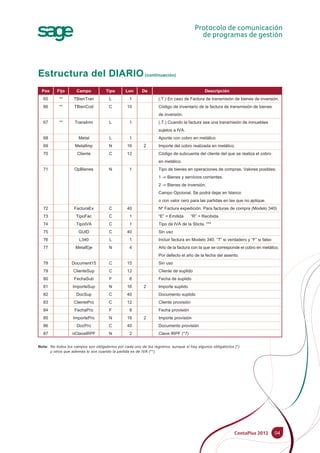 65 ** TBienTran L 1 (.T.) En caso de Factura de transmisión de bienes de inversión.
66 ** TBienCod C 10 Código de inventario de la factura de transmisión de bienes
de inversión.
67 ** TransInm L 1 (.T.) Cuando la factura sea una transmisión de inmuebles
sujetos a IVA.
68 Metal L 1 Apunte con cobro en metálico
69 MetalImp N 16 2 Importe del cobro realizada en metálico.
70 Cliente C 12 Código de subcuenta del cliente del que se realiza el cobro
en metálico.
71 OpBienes N 1 Tipo de bienes en operaciones de compras. Valores posibles:
1 -> Bienes y servicios corrientes.
2 -> Bienes de inversión.
Campo Opcional. Se podrá dejar en blanco
o con valor cero para las partidas en las que no aplique.
72 FacturaEx C 40 Nº Factura expedición. Para facturas de compra (Modelo 340)
73 TipoFac C 1 “E” = Emitida “R” = Recibida
74 TipoIVA C 1 Tipo de IVA de la Sbcta. ***
75 GUID C 40 Sin uso
76 L340 L 1 Incluir factura en Modelo 340. “T” si verdadero y “F” si falso
77 MetalEje N 4 Año de la factura con la que se corresponde el cobro en metálico.
Por defecto el año de la fecha del asiento.
78 Document15 C 15 Sin uso
79 ClienteSup C 12 Cliente de suplido
80 FechaSub F 8 Fecha de suplido
81 ImporteSup N 16 2 Importe suplido
82 DocSup C 40 Documento suplido
83 ClientePro C 12 Cliente provisión
84 FechaPro F 8 Fecha provisión
85 ImportePro N 16 2 Importe provisión
86 DocPro C 40 Documento provisión
87 nClaveIRPF N 2 Clave IRPF (*7)
Nota: No todos los campos son obligatorios por cada uno de los registros, aunque sí hay algunos obligatorios (*)
y otros que además lo son cuando la partida es de IVA (**).
04
Estructura del DIARIO (continuación)
Pos Fijo Campo Tipo Lon De Descripción
 