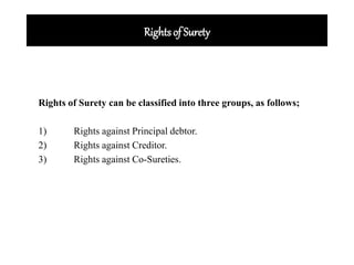 Rights of Surety
Rights of Surety can be classified into three groups, as follows;
1) Rights against Principal debtor.
2) Rights against Creditor.
3) Rights against Co-Sureties.
 