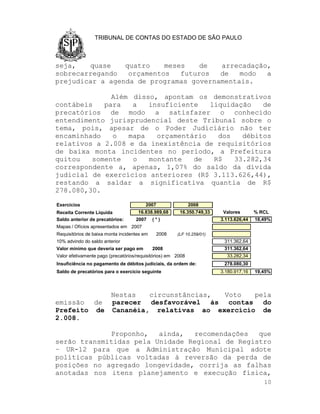 TRIBUNAL DE CONTAS DO ESTADO DE SÃO PAULO



seja,   quase    quatro    meses    de  arrecadação,
sobrecarregando   orçamentos   futuros  de   modo  a
prejudicar a agenda de programas governamentais.

              Além disso, apontam os demonstrativos
contábeis   para   a   insuficiente   liquidação   de
precatórios de modo a satisfazer o conhecido
entendimento jurisprudencial deste Tribunal sobre o
tema, pois, apesar de o Poder Judiciário não ter
encaminhado   o   mapa   orçamentário   dos   débitos
relativos a 2.008 e da inexistência de requisitórios
de baixa monta incidentes no período, a Prefeitura
quitou   somente   o   montante   de   R$   33.282,34
correspondente a, apenas, 1,07% do saldo da dívida
judicial de exercícios anteriores (R$ 3.113.626,44),
restando a saldar a significativa quantia de R$
278.080,30.

Exercícios                               2007                 2008
Receita Corrente Líquida             16.838.989,68      16.350.749,33    Valores       % RCL
Saldo anterior de precatórios:      2007     (*)                        3.113.626,44   18,49%
Mapas / Ofícios apresentados em 2007
Requisitórios de baixa monta incidentes em      2008   (LF 10.259/01)
10% advindo do saldo anterior                                            311.362,64
Valor mínimo que deveria ser pago em         2008                        311.362,64
Valor efetivamente pago (precatórios/requisitórios) em 2008               33.282,34
Insuficiência no pagamento de débitos judiciais, da ordem de:            278.080,30
Saldo de precatórios para o exercício seguinte                          3.180.917,16   19,45%




            Nestas   circunstâncias, Voto   pela
emissão de parecer desfavorável às contas do
Prefeito de Cananéia, relativas ao exercício de
2.008.

             Proponho,   ainda,  recomendações   que
serão transmitidas pela Unidade Regional de Registro
– UR-12 para que a Administração Municipal adote
políticas públicas voltadas à reversão da perda de
posições no agregado longevidade, corrija as falhas
anotadas nos itens planejamento e execução física,
                                                                                          10
 