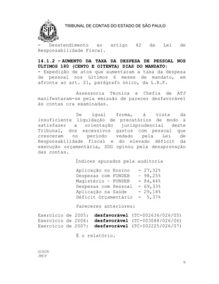 TRIBUNAL DE CONTAS DO ESTADO DE SÃO PAULO



-   Desatendimento   ao    artigo    42     da     Lei   de
Responsabilidade Fiscal.

14.1.2 - AUMENTO DA TAXA DA DESPESA DE PESSOAL NOS
ÚLTIMOS 180 (CENTO E OITENTA) DIAS DO MANDATO:
- Expedição de atos que aumentaram a taxa da despesa
de pessoal nos últimos 6 meses de mandato, em
afronta ao art. 21, parágrafo único, da L.R.F.

              Assessoria Técnica e Chefia de ATJ
manifestaram-se pela emissão de parecer desfavorável
às contas ora examinadas.

              De    igual   forma,    à   vista     da
insuficiente liquidação de precatórios de modo a
satisfazer   a   orientação   jurisprudencial    deste
Tribunal, dos excessivos gastos com pessoal que
cresceram   no    período   vedado   pela    Lei    de
Responsabilidade Fiscal e do elevado déficit da
execução orçamentária, SDG opinou pela desaprovação
das contas.
             Índices apurados pela auditoria
             Aplicação no Ensino      -   27,32%
             Despesas com FUNDEB      –   98,25%
             Magistério – FUNDEB      -   84,44%
             Despesas com Pessoal     -   69,33%
             Aplicação na Saúde       -   29,14%
             Déficit Orçamentário     -    5,37%
             Pareceres anteriores:
Exercício de 2005:   desfavorável (TC-002636/026/05)
Exercício de 2006:   desfavorável (TC-003088/026/06)
Exercício de 2007:   desfavorável (TC-002225/026/07)

             É o relatório.


GCECR
JMCF
                                                          6
 