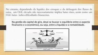 No entanto, dependendo da liquidez dos estoques e da defasagem dos fluxos de
caixa, um CGL elevado não necessariamente implica baixo risco, assim como um
CGL baixo indica dificuldades financeiras.
13
Na gestão do capital de giro, deve-se buscar o equilíbrio entre o aspecto
financeiro e o econômico, ou seja, entre a liquidez e a rentabilidade.
 
