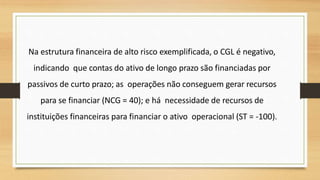 Na estrutura financeira de alto risco exemplificada, o CGL é negativo,
indicando que contas do ativo de longo prazo são financiadas por
passivos de curto prazo; as operações não conseguem gerar recursos
para se financiar (NCG = 40); e há necessidade de recursos de
instituições financeiras para financiar o ativo operacional (ST = -100).
30
 