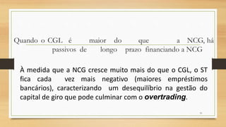 Quando o CGL é maior do que a NCG, há
passivos de longo prazo financiando a NCG
33
À medida que a NCG cresce muito mais do que o CGL, o ST
fica cada vez mais negativo (maiores empréstimos
bancários), caracterizando um desequilíbrio na gestão do
capital de giro que pode culminar com o overtrading.
 