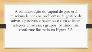 A administração do capital de giro está
relacionada com os problemas de gestão de
ativos e passivos circulantes e com as inter-
relações entre esses grupos patrimoniais,
conforme ilustrado na Figura 2.2.
7
 