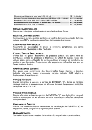 Microempresa (faturamento bruto anual < R$ 120 mil)                          R$ 10,00/mês
 Pequena Empresa (faturamento bruto anual entre R$ 120 mil e R$ 1,2 milhão)   R$ 25,00/mês
 Faturamento bruto anual entre R$ 1,2 milhão e R$ 20 milhões                  R$ 50,00/mês
 Faturamento bruto anual entre R$ 20 milhões e R$ 100 milhões                 R$ 100,00/mês
 Faturamento bruto anual > R$ 100 milhões                                     R$ 150,00/mês

CÓPIAS E AUTENTICAÇÕES
Gastos com fotocópias, autenticações e reconhecimento de firmas.

REVISTAS, JORNAIS E LIVROS
Assinaturas de jornais, revistas, periódicos e boletins, bem como aquisição de livros,
guia de ruas/CEP e publicações específicas de interesse da empresa.

ASSOCIAÇÕES PROFISSIONAIS
Pagamento de associações de classe e entidades congêneres, tais como:
Associação dos Advogados de São Paulo etc.

CUSTAS, TAXAS E EMOLUMENTOS
Custas são os gastos decorrentes de processo judicial, tais como: taxa de
distribuição, juntada de processo e diligências do Oficial de Justiça. Taxas são
valores gastos com a utilização de serviços públicos prestados ao contribuinte ou
postos à sua disposição. Emolumentos são pagamentos referentes aos atos do
Serventuário da Justiça.

GASTOS LEGAIS E JUDICIAIS
São gastos para cumprimento das determinações legais vigentes e decisões
judiciais, tais como: custas processuais, perícias judiciais, INSS relativo a
Reclamações Trabalhistas etc.

VIAGENS NACIONAIS
Gastos referentes a viagens a serviço da EMPRESA “X”, dentro do território
nacional, relativos a passagens por via aérea ou terrestre, hospedagem, refeições,
pedágios e transporte local.


VIAGENS INTERNACIONAIS
Gastos referentes a viagens a serviço da EMPRESA “X”, fora do território nacional,
relativos a passagens por via aérea ou terrestre, hospedagem, refeições, pedágios e
transporte local.

CAMPANHAS E EVENTOS
Gastos com materiais diversos decorrentes da participação da EMPRESA “X” em
exposições, feiras, congressos e organização de eventos.

OUTROS SERVIÇOS
São todos os gastos com serviços de terceiros não enquadrados nos outros itens.
 
