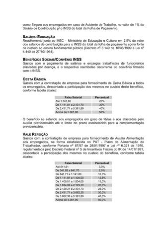 como Seguro aos empregados em caso de Acidente de Trabalho, no valor de 1% do
Salário de Contribuição p/ o INSS do total da Folha de Pagamento.

SALÁRIO EDUCAÇÃO
Recolhimento junto ao MEC – Ministério de Educação e Cultura em 2,5% do valor
dos salários de contribuição para o INSS do total da folha de pagamento como fonte
de custeio ao ensino fundamental público (Decreto no 3.149 de 16/08/1999 e Lei no
4.440 de 27/10/1964).

BENEFÍCIOS SOCIAIS/CONVÊNIO INSS
Gastos com o pagamento de salários e encargos trabalhistas de funcionários
afastados por doença, e o respectivo reembolso decorrente do convênio firmado
com o INSS.

CESTA BÁSICA
Gastos com a contratação de empresa para fornecimento de Cesta Básica a todos
os empregados, descontada a participação dos mesmos no custeio deste benefício,
conforme tabela abaixo:

                             Faixa Salarial     Percentual
                      Até 1.141,80                 20%
                      De 1.141,81 a 2.431,70       30%
                      De 2.431,71 a 5.361,89       40%
                      Acima de 5.361,90            50%

O benefício se estende aos empregados em gozo de férias e aos afastados pelo
auxílio previdenciário até o limite do prazo estabelecido para a complementação
previdenciária.

VALE REFEIÇÃO
Gastos com a contratação de empresa para fornecimento de Auxílio Alimentação
aos empregados, na forma estabelecida no PAT - Plano de Alimentação do
Trabalhador, conforme Portaria no 87/97 de 28/01/1997 e Lei no 6.321 de 1976,
regulamentada pelo Decreto Federal no 5 de Incentivos Fiscais do IR de 14/01/1991,
descontada a participação dos mesmos no custeio do benefício, conforme tabela
abaixo:
                             Faixa Salarial     Percentual
                      Até 541,91                   3,0%
                      De 541,92 a 841,70           6,0%
                      De 841,71 a 1.141,80        10,0%
                      De 1.141,81 a 1.400,00      12,5%
                      De 1.400,01 a 1.834,05      15,0%
                      De 1.834,06 a 2.129,20      20,0%
                      De 2.129,21 a 2.431,70      25,0%
                      De 2.431,71 a 3.662,35      30,0%
                      De 3.662,36 a 5.361,89      40,0%
                      Acima de 5.361,90           50,0%
 