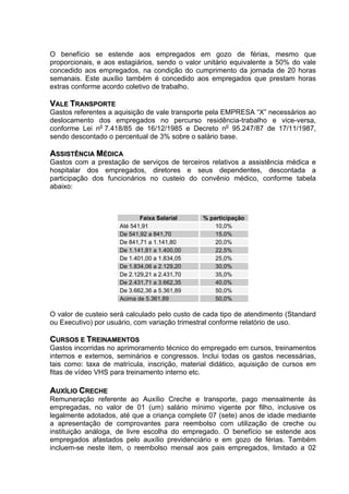 O benefício se estende aos empregados em gozo de férias, mesmo que
proporcionais, e aos estagiários, sendo o valor unitário equivalente a 50% do vale
concedido aos empregados, na condição do cumprimento da jornada de 20 horas
semanais. Este auxílio também é concedido aos empregados que prestam horas
extras conforme acordo coletivo de trabalho.

VALE TRANSPORTE
Gastos referentes a aquisição de vale transporte pela EMPRESA “X” necessários ao
deslocamento dos empregados no percurso residência-trabalho e vice-versa,
conforme Lei no.7.418/85 de 16/12/1985 e Decreto no 95.247/87 de 17/11/1987,
sendo descontado o percentual de 3% sobre o salário base.

ASSISTÊNCIA MÉDICA
Gastos com a prestação de serviços de terceiros relativos a assistência médica e
hospitalar dos empregados, diretores e seus dependentes, descontada a
participação dos funcionários no custeio do convênio médico, conforme tabela
abaixo:



                            Faixa Salarial     % participação
                     Até 541,91                    10,0%
                     De 541,92 a 841,70            15,0%
                     De 841,71 a 1.141,80          20,0%
                     De 1.141,81 a 1.400,00        22,5%
                     De 1.401,00 a 1.834,05        25,0%
                     De 1.834,06 a 2.129,20        30,0%
                     De 2.129,21 a 2.431,70        35,0%
                     De 2.431,71 a 3.662,35        40,0%
                     De 3.662,36 a 5.361,89        50,0%
                     Acima de 5.361,89             50,0%

O valor de custeio será calculado pelo custo de cada tipo de atendimento (Standard
ou Executivo) por usuário, com variação trimestral conforme relatório de uso.

CURSOS E TREINAMENTOS
Gastos incorridas no aprimoramento técnico do empregado em cursos, treinamentos
internos e externos, seminários e congressos. Inclui todas os gastos necessárias,
tais como: taxa de matrícula, inscrição, material didático, aquisição de cursos em
fitas de vídeo VHS para treinamento interno etc.

AUXÍLIO CRECHE
Remuneração referente ao Auxílio Creche e transporte, pago mensalmente às
empregadas, no valor de 01 (um) salário mínimo vigente por filho, inclusive os
legalmente adotados, até que a criança complete 07 (sete) anos de idade mediante
a apresentação de comprovantes para reembolso com utilização de creche ou
instituição análoga, de livre escolha do empregado. O benefício se estende aos
empregados afastados pelo auxílio previdenciário e em gozo de férias. Também
incluem-se neste item, o reembolso mensal aos pais empregados, limitado a 02
 