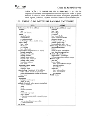Curso de Administração
IMPORTAÇÕES DE MATERIAIS EM ANDAMENTO – no caso das
empresas que utilizam em sua produção materiais importados, todos os gastos
relativos a aquisição destes materiais em moeda estrangeira, pagamento de
fretes, seguros, comissões, despesas bancárias, despesas de desembaraço, etc




                              3
 