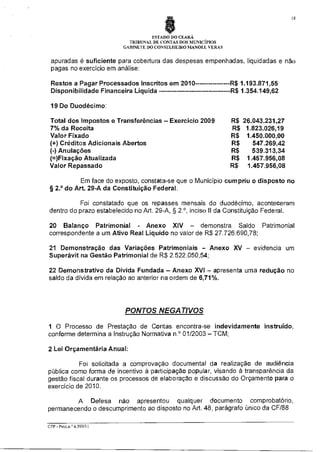 18
(

ESTADO DO CEARÁ
TRIBUNAL DE CONTAS DOS MUNICÍPIOS
GABINETE DO CONSELHEIRO MANOEL VERAS

apuradas é suficiente para cobertura das despesas empenhadas, liquidadas e não
pagas no exercício em análise:
Restos a Pagar Processados Inscritos em 2010
Disponibilidade Financeira Líquida

R$ 1.193.871,55
R$ 1.354.149,62

19 Do Duodécimo:
Total dos Impostos e Transferências — Exercício 2009
7% da Receita
Valor Fixado
(+) Créditos Adicionais Abertos
(-) Anulações
(=)Fixação Atualizada
Valor Repassado

R$ 26.043.231,27
R$ 1.823.026,19
R$ 1.450.000,00
R$
547.269,42
R$
539.313,34
R$ 1.457.956,08
R$ 1.457.956,08

Em face do exposto, constata-se que o Município cumpriu o disposto no
§ 2.° do Art. 29-A da Constituição Federal.
Foi constatado que os repasses mensais do duodécimo, aconteceram
dentro do prazo estabelecido no Art. 29-A, § 2.°, inciso II da Constituição Federal.
20 Balanço Patrimonial - Anexo XIV — demonstra Saldo Patrimonial
correspondente a um Ativo Real Liquido no valor de R$ 27.726.690,78;
21 Demonstração das Variações Patrimoniais — Anexo XV — evidencia um
Superávit na Gestão Patrimonial de R$ 2.522.050,54;
22 Demonstrativo da Dívida Fundada — Anexo XVI — apresenta uma redução no
saldo da dívida em relação ao anterior na ordem de 6,71%.

PONTOS NEGATIVOS
1 O Processo de Prestação de Contas encontra-se indevidamente instruído,
conforme determina a Instrução Normativa n.° 01/2003 — TCM;
2 Lei Orçamentária Anual:
Foi solicitada a comprovação documental da realização de audiência
pública como forma de incentivo à participação popular, visando à transparência da
gestão fiscal durante os processos de elaboração e discussão do Orçamento para o
exercício de 2010.
A Defesa não apresentou qualquer documento comprobatório,
permanecendo o descumprimento ao disposto no Art. 48, parágrafo único da CF/88
CPP - Proc.n.© 6.599811

 