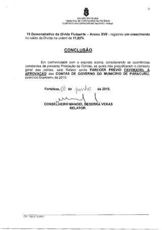 22

ESTADO DO CEARÁ
TRIBUNAL DE CONTAS DOS MUNICÍPIOS
GABINETE DO CONSELHEIRO MANOEL VERAS

15 Demonstrativo da Dívida Flutuante — Anexo XVII - registrou um crescimento
no saldo da Dívida na ordem de 11,82%.

CONCLUSÃO
Em conformidade com o exposto acima, considerando as ocorrências
constantes da presente Prestação de Contas, as quais não prejudicaram o contexto
geral das contas, este Relator emite PARECER PREVIO FAVORÁVEL À
APROVAÇÃO das CONTAS DE GOVERNO DO MUNICÍPIO DE PARACURU,
exercício financeiro de 2010.

Fortaleza, d de huvyVV0

de 2013.

CONSELHEIRO MANOEL BESERRA VERAS
RELATOR

CPP - Proc n ° 6599/11

 