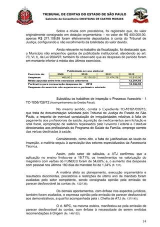 TRIBUNAL DE CONTAS DO ESTADO DE SÃO PAULO
Gabinete da Conselheira CRISTIANA DE CASTRO MORAES
14
Sobre a dívida com precatórios, foi registrado que, do valor
originalmente consignado em dotação orçamentária – no valor de R$ 400.000,00,
apenas R$ 271.108,89 foram efetivamente depositados à conta do Tribunal de
Justiça, configurando o não recolhimento da totalidade do valor devido.
Ainda relevante no trabalho da fiscalização, foi destacado que,
o Município não empenhou gastos de publicidade institucional, atendendo ao art.
73, VI, b, da Lei 9504/97; também foi observado que as despesas do período foram
em montante inferior à média dos últimos exercícios.
Subsidiou os trabalhos de inspeção o Processo Acessório - 1
TC-1856/126/12 (Acompanhamento da Gestão Fiscal).
No mesmo sentido, consta o Expediente TC-18161/026/13,
que trata de documentação solicitada pelo Tribunal de Justiça do Estado de São
Paulo, a respeito de eventual constatação de irregularidades relativas à falta de
pagamento aos profissionais de saúde, aquisição de medicamentos sem licitação e
nota fiscal, apropriação de salários repassados pelo Governo Federal e Estadual
direcionados aos profissionais do Programa de Saúde da Família, emprego correto
das verbas destinadas à saúde.
Considerando, como dito, a falta de justificativas ao laudo de
inspeção, a matéria seguiu à apreciação dos setores especializados da Assessoria
Técnica.
Assim, pelo setor de cálculos, a ATJ confirmou que a
aplicação no ensino limitou-se a 19,71%; os investimentos na valorização do
magistério com verbas do FUNDEB foram de 54,68%; e, o aumento das despesas
com pessoal nos últimos 180 dias de mandato foi de 1,34% (fl. 131).
A matéria afeta ao planejamento, execução orçamentária e
resultados decorrentes, precatórios e restrições de último ano de mandato foram
avaliadas pelo setor competente, sendo consignada opinião pela emissão de
parecer desfavorável às contas (fls. 132/136).
Os demais apontamentos, com ênfase nos aspectos jurídicos,
também foram avaliados, e expressa opinião pela emissão de parecer desfavorável
aos demonstrativos, a qual foi acompanhada pela i. Chefia de ATJ (fls. 137/145).
O d. MPC, na mesma esteira, manifestou-se pela emissão de
parecer desfavorável às contas, com ênfase à necessidade de serem emitidas
recomendações à Origem (fls. 146/152).
Parâmetro para comparação despesas de 2012
Despesas do exercício não superaram o parâmetro adotado
Publicidade em ano eleitoral
Exercício de:
Despesas 460,00 15.130,00 21.474,78
2009 2010 2011
Média apurada entre três exercícios anteriores 12.354,93
12.354,93
2012
10.610,00
 