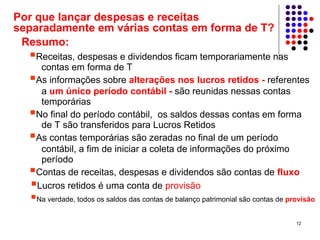 Por que lançar despesas e receitas
separadamente em várias contas em forma de T?
 Resumo:
   Receitas, despesas e dividendos ficam temporariamente nas
    contas em forma de T
   As informações sobre alterações nos lucros retidos - referentes
    a um único período contábil - são reunidas nessas contas
    temporárias
   No final do período contábil, os saldos dessas contas em forma
    de T são transferidos para Lucros Retidos
   As contas temporárias são zeradas no final de um período
    contábil, a fim de iniciar a coleta de informações do próximo
    período
   Contas de receitas, despesas e dividendos são contas de fluxo
   Lucros retidos é uma conta de provisão
   Na verdade, todos os saldos das contas de balanço patrimonial são contas de provisão


                                                                                 12
 