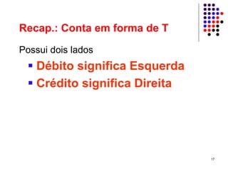 Recap.: Conta em forma de T
Possui dois lados
   Débito significa Esquerda
   Crédito significa Direita




                               17
 