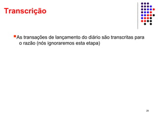 Transcrição


   As transações de lançamento do diário são transcritas para
    o razão (nós ignoraremos esta etapa)




                                                                28
 