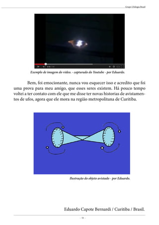 - 55 -
Grupo Ufologia Brasil
	 Bem, foi emocionante, nunca vou esquecer isso e acredito que foi
uma prova para meu amigo, que esses seres existem. Há pouco tempo
voltei a ter contato com ele que me disse ter novas historias de avistamen-
tos de ufos, agora que ele mora na região metropolitana de Curitiba.
Eduardo Capote Bernardi / Curitiba / Brasil.
Exemplo de imagem do video. - capturado do Youtube - por Eduardo.
Ilustração do objeto avistado - por Eduardo.
 