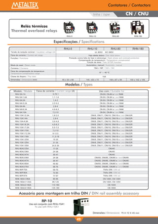 linha / type 
Especificações / Specifications 
RHU-5 RHU-10 RHU-80 RHN-180 
Faixa de corrente / Current set range 
UL 600V IEC 690V 
Veja tabela abaixo / See table below 
Funções / Functions Proteção contra falta de fase e sobrecarga / Open phase and overload protection 
Compensação da temperatura / Temperature compensated 
Dimensões / Dimensions (mm) 45 x 53 x 60 145 x52 x 72 156 x 87 x 94 100 x 102 x 105 
RHU-5A/1A 0,75-1 CN-5H, CN-6H e / and RAM 
49 
Contatores / Contactors 
CN / CNU 
Função de teste / Test (STOP) function 
Automático, manual / Automatic, manual 
Modelos / Types 
Tensão de isolação nominal / Insulation voltage (Ui) 
Modo de reset / Reset mode 
Contatos / Contacts 
1NA+1NF / 1NO+1NC 
Faixa de compensação da temperatura 
Temperature compensation range 
Classe de disparo / Trip class 
-5º ~ 40 ºC 
10A 
Acessório para montagem em trilho DIN / DIN rail assembly accessory 
RP-10 
Uso em conjunto com RHU-10A1 
To use with RHU-10A1 
Dimensões / Dimensions: 75 X 72 X 45 mm 
Relés térmicos 
Thermal overload relays 
RHU-5 RHU-10 RHU-80 RHN-180 
Modelo / Models Faixa de corrente / Current range (A) Uso com / Suitable for 
1,1-1,6 
1,4-2 
2,3-3,2 
2,9-4 
4,5-6,3 
7,2-10 
1,8-2,5 
2,9-4 
3,5-4,8 
4,5-6,3 
5,5-7,5 
7,2-10 
9-12,5 
11,3-16 
15-20 
21-25 
24,5-30 
17-25 
24-36 
35-47 
24-36 
35-47 
45-60 
58-75 
58-75 
72-90 
77-97 
CN-5H, CN-6H e / and RAM 
CN-5H, CN-6H e / and RAM 
CN-5H, CN-6H e / and RAM 
CN-5H, CN-6H e / and RAM 
CN-5H, CN-6H e / and RAM 
CN-5H, CN-6H e / and RAM 
CNU9, CNU11, CNU16, CNU18 e / and CNU32R 
CNU9, CNU11, CNU16, CNU18 e / and CNU32R 
CNU9, CNU11, CNU16, CNU18 e / and CNU32R 
CNU9, CNU11, CNU16, CNU18 e / and CNU32R 
CNU9, CNU11, CNU16, CNU18 e / and CNU32R 
CNU9, CNU11, CNU16, CNU18 e / and CNU32R 
CNU9, CNU11, CNU16, CNU18 e / and CNU32R 
CNU9, CNU11, CNU16, CNU18 e / and CNU32R 
CNU9, CNU11, CNU16, CNU18 e / and CNU32R 
CNU9, CNU11, CNU16, CNU18 e / and CNU32R 
CNU9, CNU11, CNU16, CNU18 e / and CNU32R 
CNU40 
CNU40 
CNU40 
CNU50, CNU65, CNU80 e / and CNU90 
CNU50, CNU65, CNU80 e / and CNU90 
CNU50, CNU65, CNU80 e / and CNU90 
CNU50, CNU65, CNU80 e / and CNU90 
Thilho DIN / DIN rail 
Thilho DIN / DIN rail 
Thilho DIN / DIN rail 
RHU-5A/1,6A 
RHU-5A/2A 
RHU-5A/3,2A 
RHU-5A/4A 
RHU-5A/6,3A 
RHU-5A/10A 
RHU-10A1/2,5A 
RHU-10A1/4A 
RHU-10A/4,8A 
RHU-10A1/6,3A 
RHU-10A1/7,5A 
RHU-10A1/10A 
RHU-10A1/12,5A 
RHU-10A1/16A 
RHU-10A1/20A 
RHU-10A1/25A 
RHU-10A1/30A 
RHU-80A2/25A 
RHU-80A2/36A 
RHU-80A2/47A 
RHU-80A3/36A 
RHU-80A3/47A 
RHU-80A3/60A 
RHU-80A3/75A 
RHU-80P/75A 
RHU-80P/90A 
RHU-80P/97A 
RHN-180A1/95A 
RHN-180A1/125A 
RHN-180A2/160A 
RHN-180A3/185A 
65-95 
85-125 
110-160 
125-180 
CN-100H, CN-125H 
CN-100H, CN-125H 
CN-150H 
CN-180H 
