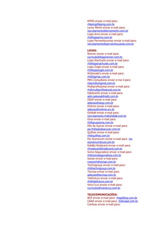 KPMG enviar e-mail para:
rhkpmg@kpmg.com.br
Leroy Merlin enviar e-mail para:
recrutamento@leroymerlin.com.br
Lojas Arno enviar e-mail para:
rh@lojasarno.com.br
Lojas Pernambucanas enviar e-mail para:
recrutamento@pernambucanas.com.br

LOJAS:
Renner enviar e-mail para:
curriculo@lojasrenner.com.br
Lojas Riachuelo enviar e-mail para:
rh@lojasriachuelo.com.br
Lojas Zogbi enviar e-mail para:
rh@lojaszogbi.com.br
McDonald’s enviar e-mail para:
rh@bigmac.com.br
MKS Consultoria enviar e-ma il para:
mksrh@originet.com.br
Multiprofissional enviar e-mail para:
rh@multiprofissional.com.br
Odebrecht enviar e-mail para:
adm.pessoal@odb.com.br
OESP enviar e-mail para:
selecao@oesp.com.br
Ontime enviar e-mail para:
selecao@ontime.srv.br
Orbitall enviar e-mail para:
recrutamento.rh@orbitall.com.br
Orsa enviar e-mail para:
rh@grupoorsa.com.br
Pão de Açúcar enviar e-mail para:
pa.rh@paodeacucar.com.br
Quilhas enviar e-mail para:
rh@quilhas.com.br
Rio Scenarium enviar e-mail para: rio-
scenarium@uol.com.br
Roldão Redecard enviar e-mail para:
rhredecard@redecard.com.br
Soma Seguradora enviar e-mail para:
rh@somaseguradora.com.br
Sonae enviar e-mail para:
crescerh@sonae.com.br
Technigroup enviar e-mail para:
rh@technigroup.com.br
Tecnisa enviar e-mail para:
selecao@tecnisa.com.br
Telefutura enviar e-mail para:
rh@telefutura.com.br
Vera Cruz enviar e-mail para:
curriculos@veracruz.com.br

TELECOMUNICAÇÕES:
BCP enviar e-mail para: rhsp@bcp.com.br
CAAD enviar e-mail para: rh@caad.com.br
Canbras enviar e-mail para:
 