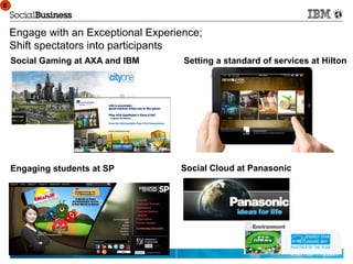 E
E



    Engage with an Exceptional Experience;
    Shift spectators into participants
    Social Gaming at AXA and IBM      Setting a standard of services at Hilton




    Engaging students at SP          Social Cloud at Panasonic




    15                                                          © 2011 IBM Corporation
 