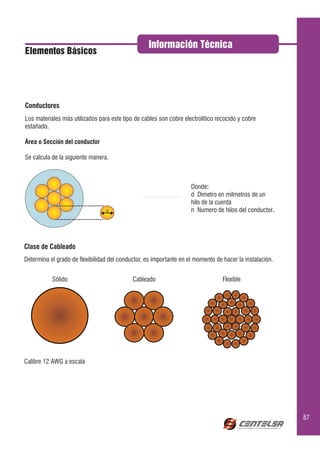 Información Técnica
Elementos Básicos




Conductores
Los materiales más utilizados para este tipo de cables son cobre electrolítico recocido y cobre
estañado.

Área o Sección del conductor

Se calcula de la siguiente manera.



                                                                    Donde:
                                                                    d Dimetro en milmetros de un
                                                                    hilo de la cuerda
                                 d                                  n Numero de hilos del conductor.




Clase de Cableado
Determina el grado de flexibilidad del conductor, es importante en el momento de hacer la instalación.


           Sólido                           Cableado                             Flexible




Calibre 12 AWG a escala




                                                                                                         87
 