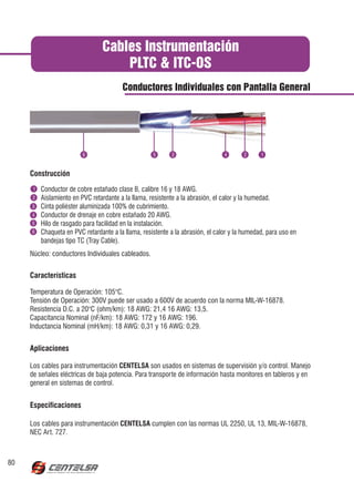 Cables Instrumentación
                                     PLTC & ITC-OS
                                         Conductores Individuales con Pantalla General




                          3                                 3                    3




      1   Conductor de cobre estañado clase B, calibre 16 y 18 AWG.
     2    Aislamiento en PVC retardante a la llama, resistente a la abrasión, el calor y la humedad.
     3    Cinta poliéster aluminizada 100% de cubrimiento.
     4    Conductor de drenaje en cobre estañado 20 AWG.
     5    Hilo de rasgado para facilidad en la instalación.
     6    Chaqueta en PVC retardante a la llama, resistente a la abrasión, el calor y la humedad, para uso en
          bandejas tipo TC (Tray Cable).
     Núcleo: conductores Individuales cableados.




     Temperatura de Operación: 105°C.
     Tensión de Operación: 300V puede ser usado a 600V de acuerdo con la norma MIL-W-16878.
     Resistencia D.C. a 20°C (ohm/km): 18 AWG: 21,4 16 AWG: 13,5.
     Capacitancia Nominal (nF/km): 18 AWG: 172 y 16 AWG: 196.
     Inductancia Nominal (mH/km): 18 AWG: 0,31 y 16 AWG: 0,29.




80
 