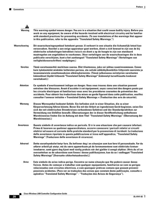 Preface
Conventions




       Warning      This warning symbol means danger. You are in a situation that could cause bodily injury. Before you
                    work on any equipment, be aware of the hazards involved with electrical circuitry and be familiar
                    with standard practices for preventing accidents. (To see translations of the warnings that appear
                    in this publication, refer to the appendix “Translated Safety Warnings.”)

Waarschuwing        Dit waarschuwingssymbool betekent gevaar. U verkeert in een situatie die lichamelijk letsel kan
                    veroorzaken. Voordat u aan enige apparatuur gaat werken, dient u zich bewust te zijn van de bij
                    elektrische schakelingen betrokken risico’s en dient u op de hoogte te zijn van standaard
                    maatregelen om ongelukken te voorkomen. (Voor vertalingen van de waarschuwingen die in deze
                    publicatie verschijnen, kunt u het aanhangsel “Translated Safety Warnings” (Vertalingen van
                    veiligheidsvoorschriften) raadplegen.)

       Varoitus     Tämä varoitusmerkki merkitsee vaaraa. Olet tilanteessa, joka voi johtaa ruumiinvammaan. Ennen
                    kuin työskentelet minkään laitteiston parissa, ota selvää sähkökytkentöihin liittyvistä vaaroista ja
                    tavanomaisista onnettomuuksien ehkäisykeinoista. (Tässä julkaisussa esiintyvien varoitusten
                    käännökset löydät liitteestä "Translated Safety Warnings" (käännetyt turvallisuutta koskevat
                    varoitukset).)

      Attention     Ce symbole d’avertissement indique un danger. Vous vous trouvez dans une situation pouvant
                    entraîner des blessures. Avant d’accéder à cet équipement, soyez conscient des dangers posés par
                    les circuits électriques et familiarisez-vous avec les procédures courantes de prévention des
                    accidents. Pour obtenir les traductions des mises en garde figurant dans cette publication, veuillez
                    consulter l’annexe intitulée « Translated Safety Warnings » (Traduction des avis de sécurité).

      Warnung       Dieses Warnsymbol bedeutet Gefahr. Sie befinden sich in einer Situation, die zu einer
                    Körperverletzung führen könnte. Bevor Sie mit der Arbeit an irgendeinem Gerät beginnen, seien Sie
                    sich der mit elektrischen Stromkreisen verbundenen Gefahren und der Standardpraktiken zur
                    Vermeidung von Unfällen bewußt. (Übersetzungen der in dieser Veröffentlichung enthaltenen
                    Warnhinweise finden Sie im Anhang mit dem Titel “Translated Safety Warnings” (Übersetzung der
                    Warnhinweise).)

     Avvertenza     Questo simbolo di avvertenza indica un pericolo. Si è in una situazione che può causare infortuni.
                    Prima di lavorare su qualsiasi apparecchiatura, occorre conoscere i pericoli relativi ai circuiti
                    elettrici ed essere al corrente delle pratiche standard per la prevenzione di incidenti. La traduzione
                    delle avvertenze riportate in questa pubblicazione si trova nell’appendice, “Translated Safety
                    Warnings” (Traduzione delle avvertenze di sicurezza).

       Advarsel     Dette varselsymbolet betyr fare. Du befinner deg i en situasjon som kan føre til personskade. Før du
                    utfører arbeid på utstyr, må du være oppmerksom på de faremomentene som elektriske kretser
                    innebærer, samt gjøre deg kjent med vanlig praksis når det gjelder å unngå ulykker. (Hvis du vil se
                    oversettelser av de advarslene som finnes i denne publikasjonen, kan du se i vedlegget "Translated
                    Safety Warnings" [Oversatte sikkerhetsadvarsler].)

          Aviso     Este símbolo de aviso indica perigo. Encontra-se numa situação que lhe poderá causar danos
                    fisicos. Antes de começar a trabalhar com qualquer equipamento, familiarize-se com os perigos
                    relacionados com circuitos eléctricos, e com quaisquer práticas comuns que possam prevenir
                    possíveis acidentes. (Para ver as traduções dos avisos que constam desta publicação, consulte o
                    apêndice “Translated Safety Warnings” - “Traduções dos Avisos de Segurança”).




          Cisco Wireless LAN Controller Configuration Guide
20                                                                                                               OL-9141-03
 
