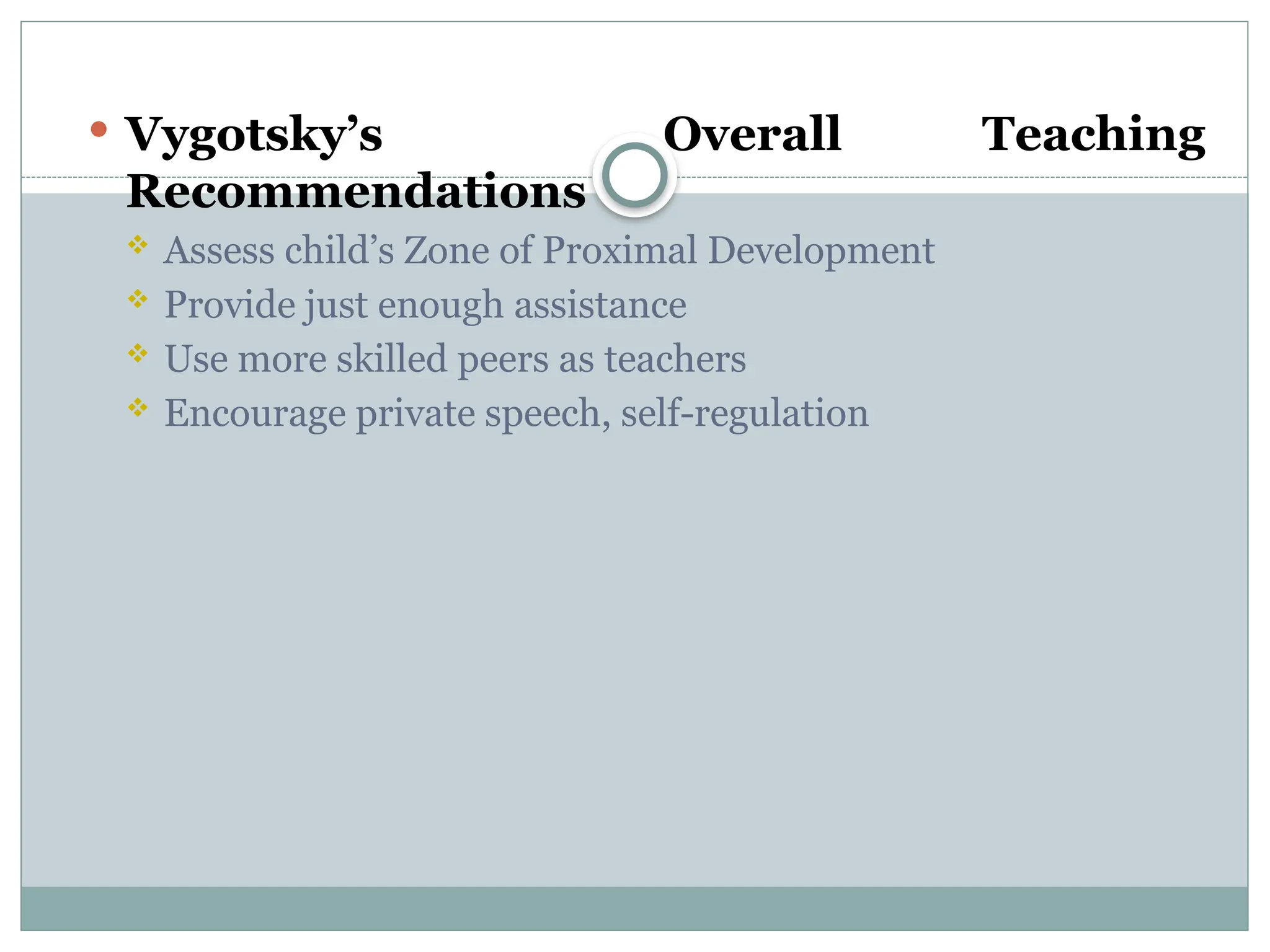  Vygotsky’s Overall Teaching
Recommendations
 Assess child’s Zone of Proximal Development
 Provide just enough assistance
 Use more skilled peers as teachers
 Encourage private speech, self-regulation
 