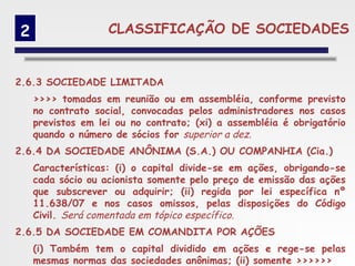 2                  CLASSIFICAÇÃO DE SOCIEDADES


2.6.3 SOCIEDADE LIMITADA
    >>>> tomadas em reunião ou em assembléia, conforme previsto
    no contrato social, convocadas pelos administradores nos casos
    previstos em lei ou no contrato; (xi) a assembléia é obrigatório
    quando o número de sócios for superior a dez.
2.6.4 DA SOCIEDADE ANÔNIMA (S.A.) OU COMPANHIA (Cia.)
    Características: (i) o capital divide-se em ações, obrigando-se
    cada sócio ou acionista somente pelo preço de emissão das ações
    que subscrever ou adquirir; (ii) regida por lei específica nº
    11.638/07 e nos casos omissos, pelas disposições do Código
    Civil. Será comentada em tópico específico.
2.6.5 DA SOCIEDADE EM COMANDITA POR AÇÕES
    (i) Também tem o capital dividido em ações e rege-se pelas
    mesmas normas das sociedades anônimas; (ii) somente >>>>>>
 