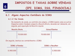 IMPOSTOS E TAXAS SOBRE VENDAS
6                        (IPI, ICMS, ISS, FINSOCIAL)

6.1 Alguns Aspectos Contábeis do ICMS
    6.1.2 Na Venda
        No momento da venda, ao contrário da compra, o ICMS (assim como os outros
        Impostos sobre Vendas) comporá a Receita Bruta, devendo ser deduzido, em
        seguida, para apuração da Receita Líquida:

        Receita Bruta                             Caixa/Clientes


                 70.000.000                 70.000.000


Em seguida, destaca-se contabilmente o ICMS


       ICMS s/Vendas                            ICMS a Recolher


    11.900.000                                           11.900.000
 