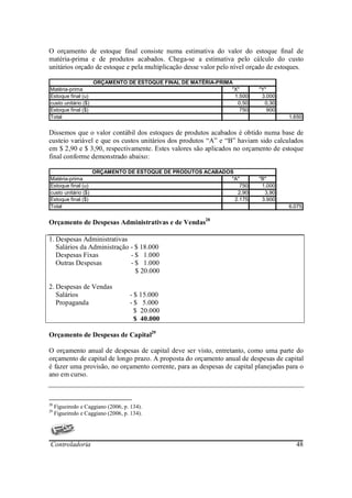 O orçamento de estoque final consiste numa estimativa do valor do estoque final de
matéria-prima e de produtos acabados. Chega-se a estimativa pelo cálculo do custo
unitários orçado de estoque e pela multiplicação desse valor pelo nível orçado de estoques.

                     ORÇAMENTO DE ESTOQUE FINAL DE MATÉRIA-PRIMA
Matéria-prima                                                   "X"        "Y"
Estoque final (u)                                                1.500      3.000
custo unitário ($)                                                0,50       0,30
Estoque final ($)                                                  750        900
Total                                                                                1.650


Dissemos que o valor contábil dos estoques de produtos acabados é obtido numa base de
custeio variável e que os custos unitários dos produtos “A” e “B” haviam sido calculados
em $ 2,90 e $ 3,90, respectivamente. Estes valores são aplicados no orçamento de estoque
final conforme demonstrado abaixo:

                     ORÇAMENTO DE ESTOQUE DE PRODUTOS ACABADOS
Matéria-prima                                                 "A"          "B"
Estoque final (u)                                                750        1.000
custo unitário ($)                                              2,90         3,90
Estoque final ($)                                              2.175        3.900
Total                                                                                6.075


Orçamento de Despesas Administrativas e de Vendas28

1. Despesas Administrativas
   Salários da Administração - $ 18.000
   Despesas Fixas            - $ 1.000
   Outras Despesas           - $ 1.000
                               $ 20.000

2. Despesas de Vendas
   Salários                         - $ 15.000
   Propaganda                       - $ 5.000
                                      $ 20.000
                                      $ 40.000

Orçamento de Despesas de Capital29

O orçamento anual de despesas de capital deve ser visto, entretanto, como uma parte do
orçamento de capital de longo prazo. A proposta do orçamento anual de despesas de capital
é fazer uma provisão, no orçamento corrente, para as despesas de capital planejadas para o
ano em curso.



28
     Figueiredo e Caggiano (2006, p. 134).
29
     Figueiredo e Caggiano (2006, p. 134).




Controladoria                                                                           48
 