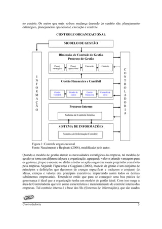 no cenário. Os meios que mais sofrem mudança dependo do cenário são: planejamento
estratégico, planejamento operacional, execução e controle.

                           CONTROLE ORGANIZACIONAL

                                     MODELO DE GESTÃO


                              Dimensão de Controle de Gestão
                                   Processo de Gestão

                         Planej.           Planej.      Execução       Controle
                       estratégico       operacional
                                                                                    C
                                                                                    O
          I                                                                         N
          N                        Gestão Financeira e Contábil                     T
          F                                                                         R
          O                                                                         O
          R             Gestão            Gestão de       Gestão      Controle de   L
          M             Contábil           custos       financeira      ativo       A
          A                                                                         D
          Ç                                                                         O
          Ã                               Processo Interno                          R
          O                                                                         I
                                      Sistema de Controle Interno
                                                                                    A



                              SISTEMA DE INFORMAÇÕES

                                     Sistema de Informação Contábil


       Figura 1: Controle organizacional
       Fonte: Nascimento e Reginato (2006), modificado pelo autor.

Quando o modelo de gestão atende as necessidades estratégicas da empresa, tal modelo de
gestão se torna um diferencial para a organização, agregando valor e criando vantagem para
os gestores, já que o mesmo se alinha a todas as ações organizacionais projetadas com êxito
pela empresa. Segundo Figueiredo e Caggiano (2006), modelo de gestão é um conjunto de
princípios e definições que decorrem de crenças especificas e traduzem o conjunto de
idéias, crenças e valores dos principais executivos, impactando assim todos os demais
subsistemas empresariais. Entende-se então que para se conseguir uma boa prática de
governança é ideal que a organização tenha um modelo de gestão ideal. Com isso surge a
área de Controladoria que tem como característica o monitoramento do controle interno das
empresas. Tal controle interno é a base dos SIs (Sistemas de Informações), que são usados




Controladoria                                                                            5
 