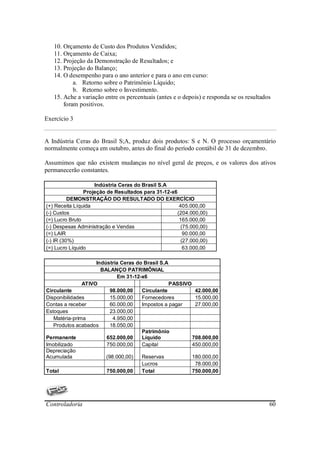 10. Orçamento de Custo dos Produtos Vendidos;
   11. Orçamento de Caixa;
   12. Projeção da Demonstração de Resultados; e
   13. Projeção do Balanço;
   14. O desempenho para o ano anterior e para o ano em curso:
           a. Retorno sobre o Patrimônio Líquido;
           b. Retorno sobre o Investimento.
   15. Ache a variação entre os percentuais (antes e o depois) e responda se os resultados
       foram positivos.

Exercício 3


A Indústria Ceras do Brasil S;A, produz dois produtos: S e N. O processo orçamentário
normalmente começa em outubro, antes do final do período contábil de 31 de dezembro.

Assumimos que não existem mudanças no nível geral de preços, e os valores dos ativos
permanecerão constantes.

                    Indústria Ceras do Brasil S.A
                Projeção de Resultados para 31-12-x6
          DEMONSTRAÇÃO DO RESULTADO DO EXERCÍCIO
(+) Receita Líquida                                   405.000,00
(-) Custos                                           (204.000,00)
(=) Lucro Bruto                                       165.000,00
(-) Despesas Administração e Vendas                    (75.000,00)
(=) LAIR                                                90.000,00
(-) IR (30%)                                           (27.000,00)
(=) Lucro Líquido                                       63.000,00

                    Indústria Ceras do Brasil S.A
                      BALANÇO PATRIMÔNIAL
                             Em 31-12-x6
               ATIVO                              PASSIVO
Circulante                98.000,00   Circulante           42.000,00
Disponibilidades          15.000,00   Fornecedores         15.000,00
Contas a receber          60.000,00   Impostos a pagar     27.000,00
Estoques                  23.000,00
   Matéria-prima           4.950,00
   Produtos acabados      18.050,00
                                      Patrimônio
Permanente              652.000,00    Líquido             708.000,00
Imobilizado             750.000,00    Capital             450.000,00
Depreciação
Acumulada               (98.000,00)   Reservas            180.000,00
                                      Lucros               78.000,00
Total                   750.000,00    Total               750.000,00




Controladoria                                                                            60
 