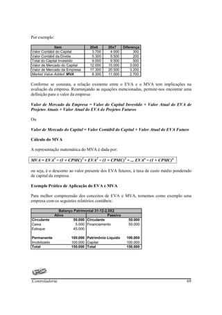 Por exemplo:

              Item                20x6      20x7   Diferença
Valor Contábil do Capital          3.700     4.000       300
Valor Contábil da Dívida           5.300     5.500       200
Total do Capital Investido         9.000     9.500       500
Valor de Mercado do Capital       12.000    15.000     3.000
Valor de Mercado da Empresa       17.300    20.500     3.200
Market Value Added MVA             8.300    11.000     2.700

Conforme se constata, a relação existente entre o EVA e o MVA tem implicações na
avaliação da empresa. Rearranjando as equações mencionadas, permite-nos encontrar uma
definição para o valor da empresa:

Valor de Mercado da Empresa = Valor do Capital Investido + Valor Atual do EVA de
Projetos Atuais + Valor Atual do EVA de Projetos Futuros

Ou

Valor de Mercado do Capital = Valor Contábil do Capital + Valor Atual do EVA Futuro

Cálculo do MVA

A representação matemática do MVA é dada por:

MVA = EVA1 ÷ (1 + CPMC)1 + EVA2 ÷ (1 + CPMC)2 + ... EVAn ÷ (1 + CPMC)n

ou seja, é o desconto ao valor presente dos EVA futuros, à taxa de custo médio ponderado
de capital da empresa.

Exemplo Prático de Aplicação do EVA e MVA

Para melhor compreensão dos conceitos de EVA e MVA, tomemos como exemplo uma
empresa com os seguintes relatórios contábeis:

                  Balanço Patrimonial 31-12-2.0X2
               Ativo                         Passivo
Circulante                50.000 Circulante             50.000
Caixa                      5.000 Financiamento          50.000
Estoque                   45.000

Permanente              100.000 Patrimônio Líquido     100.000
Imobilizado             100.000 Capital                100.000
Total                   150.000 Total                  150.000




Controladoria                                                                        69
 