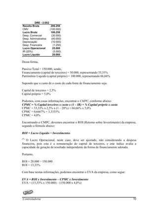 DRE - 2.0X2
Receita Bruta            206.250
CMV                     (100.000)
Lucro Bruto              106.250
Desp. Comercial          (30.000)
Desp. Administrativa     (40.000)
Depreciação              (10.000)
Desp. Financeira          (1.250)
Lucro Operacional         25.000
IR (20%)                  (5.000)
Lucro Líquido             20.000

Dessa forma,

Passivo Total = 150.000, sendo,
Financiamento (capital de terceiros) = 50.000, representando 33,33%
Patrimônio Líquido (capital próprio) = 100.000, representando 66,66%

Supondo que o custo de o custo de cada fonte de financiamento seja:

Capital de terceiros = 2,5%
Capital próprio = 5,0%

Podemos, com essas informações, encontrar o CMPC, conforme abaixo:
CPMC = % Capital terceiros x custo x (1 – IR) + % Capital próprio x custo
CPMC = 33,33% x 2,5% x (1 – 20%) + 66,66% x 5,0%
CPMC = 0,6667% + 3,3333%
CPMC = 4,0%

Encontrando o CMPC, devemos encontrar o ROI (Retorno sobre Investimento) da empresa,
segundo a fórmula abaixo:

ROI = Lucro Líquido ÷ Investimentos
(*)
   O Lucro Operacional, neste caso, deve ser ajustado, não considerando a despesa
financeira, pois esta é a remuneração do capital de terceiros, e este índice avalia a
capacidade de geração de resultado independente da forma de financiamento adotada.

Portanto,

ROI = 20.000 ÷ 150.000
ROI = 13,33%

Com base nestas informações, podemos encontrar o EVA da empresa, como segue:

EVA = ROI x Investimento – CPMC x Investimento
EVA = (13,33% x 150.000) – (150.000 x 4,0%)




Controladoria                                                                     70
 